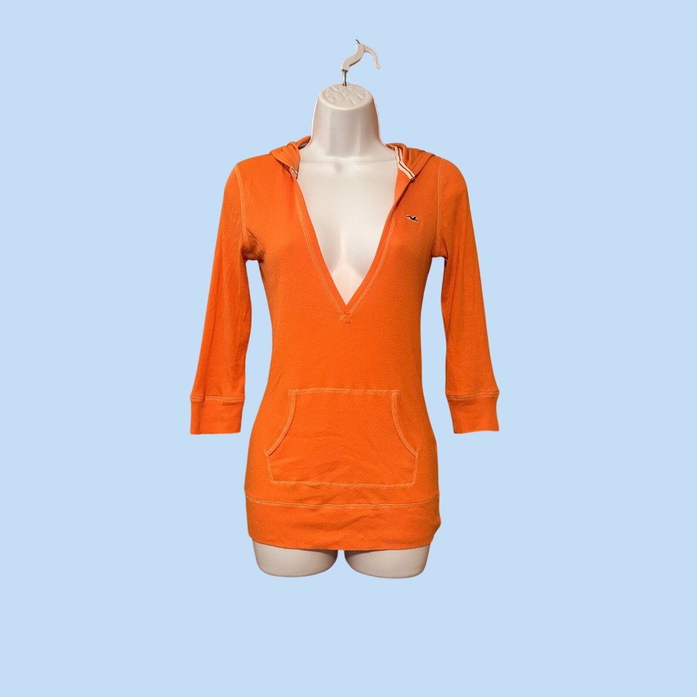 Vintage Y2K Hollister Orange V-Neck Hoodie 3/4 Sleeve Kangaroo Pocket Sz Large